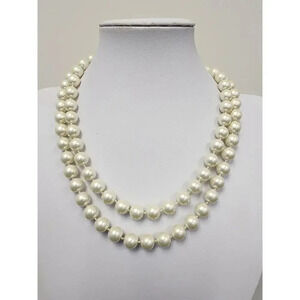 Vintage Faux Large Pearl Necklace – Double Strand – Green Flower –16 inch Approx
